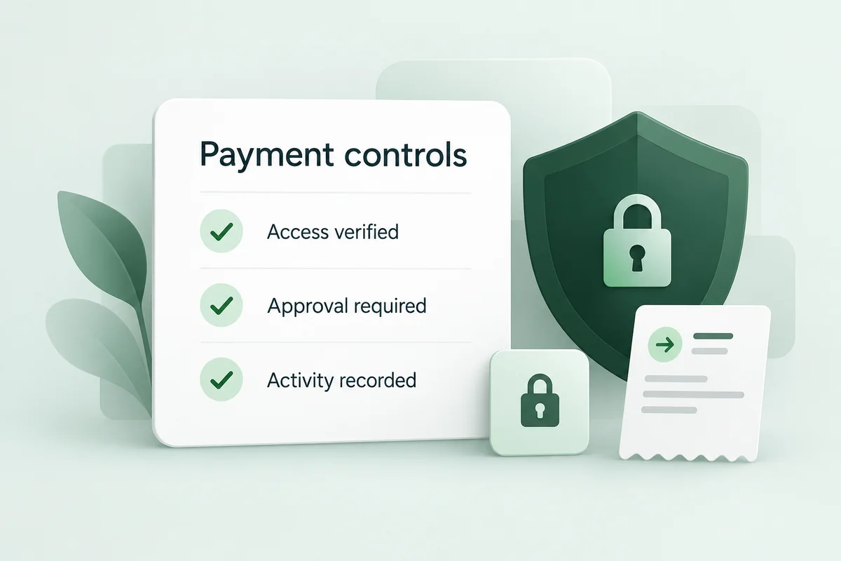 Illustrative payment controls for access verification, approvals and activity records