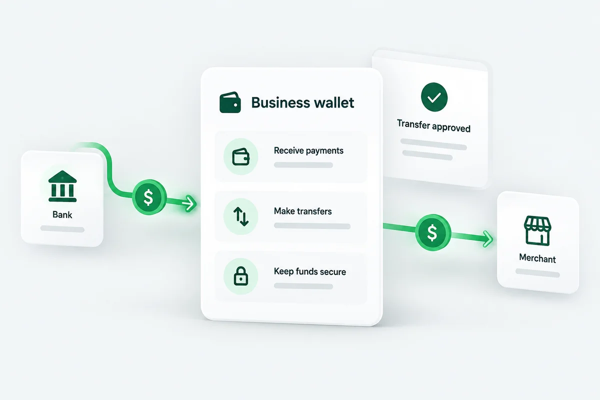 Illustrative business wallet with an approved transfer and connected payment endpoints